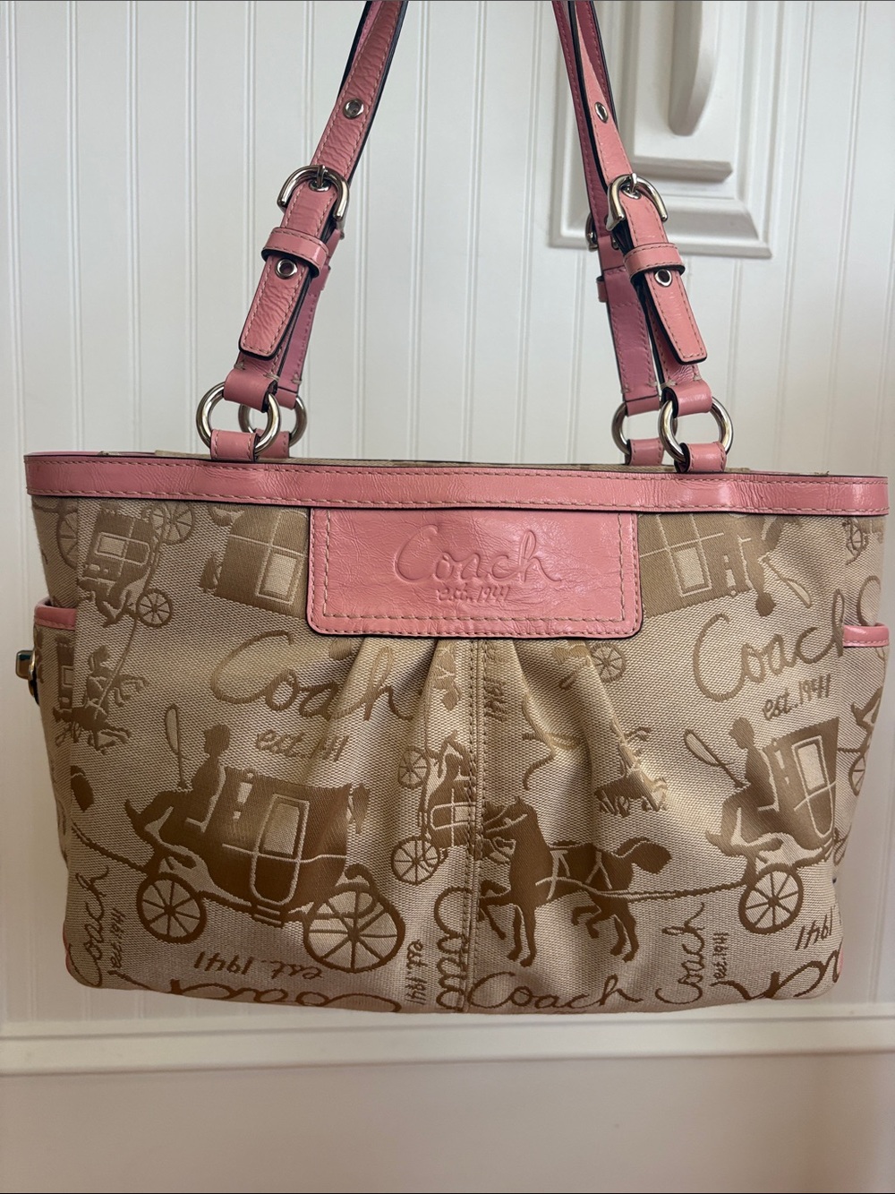 Coach Horse & Carriage Pleated Gallery Tote Pink Leather Khaki Y2K Shoulder Bag - Picture 3 of 17